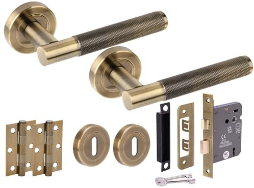 HANDLEZONE® Evo Knurled Grip Door Handles on Rose 3 Lever Lock Pack, 76mm Lock, 75mm Ball Bearing Hinges - Antique Bronze