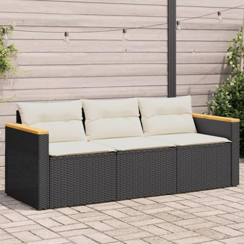 Homgoday Gartensofa mit Kissen 3-Sitzer Balkonsofa Balkonmöbel Sofa Couch Terrassensofa Rattansofa Loungesofa Gartenlounge Gartenbank Sitzbank Gartenmöbel Schwarz Poly Rattan