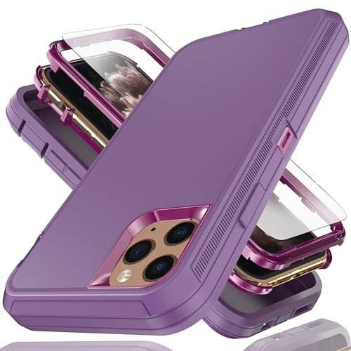 YmhxcY for iPhone 11 Pro Max Case 6.5-Inch with Explosion-Proof Screen Protector,3 in 1 Shockproof TPU Hard PC Bumper Drop-Proof Shell for iPhone 11 Pro Max-Purple