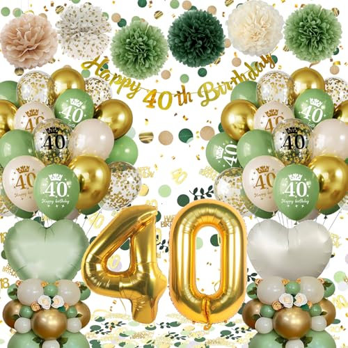 40 Geburtstag Deko Männer Frauen,Geburtstagsdeko 40 Frau Mann, 40. Geburtstag Luftballons Grüne Gold, Deko 40 mit Happy Birthday Banner Pompons Dekorationen Mehrweg