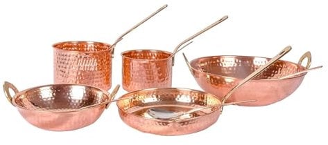PEAKHILL _Batterie de cuisine en cuivre pur 10 pièces avec cuillère de service (ensemble de casseroles en cuivre | Ensemble Kadhai | Poêle à frire) avec poignée en laiton pour la cuisine