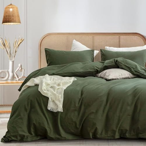Freyamy Baumwolle Bettwäsche 200x200cm 3teilig Grün Olivengrün Baumwolle Renforce Bettwäsche Set Unifarben Leinenoptik Deckenbezug Uni Bettbezug mit Reißverschluss und 2 Kissenbezug 80x80cm