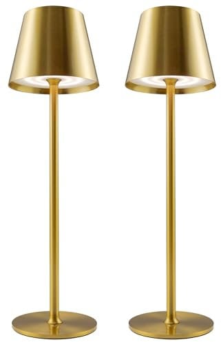 Aiandcc Rechargeable Lamps Full Metal Set of 2, Rechargeable Table Lamps UK with 3 Color Modes, 5200mAh Battery Operated Lamp, Touch Control Wireless Lamp Indoor and Outdoor IP54 Waterproof (Gold)