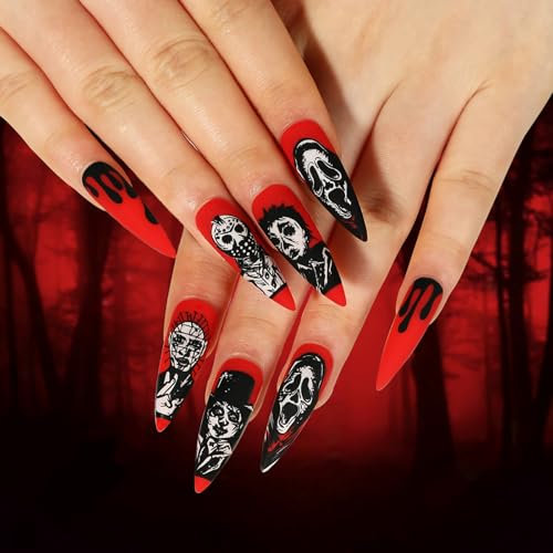 Ceboic 24 Stück Halloween Nägel Zum Aufkleben Mandel Lang Press on Nails Rot French Künstliche Nägel Horror Totenkopf Geistergesicht Design Fingernägel Kunstnägel Fake Nails für Frauen & Mädchen