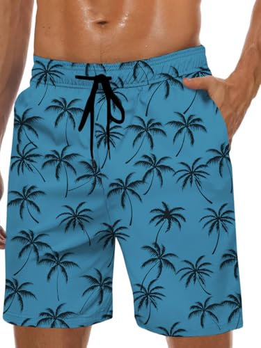 Costume da bagno da uomo hawaiano fodera in rete costume da bagno pantaloncini da spiaggia con tasche, Albero di palma verde acqua, X-Large