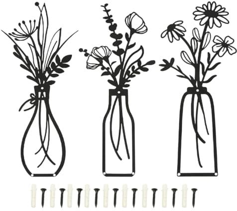 Suerhatcon 3 Stück Metall Blumen Wanddekoration, Metallbilder Wandkunst Dekor für Schlafzimmern Wohnzimmern Badezimmer Fluren (Schwarz)