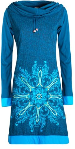 Vishes - Alternative Bekleidung - Damen Schal-Kragen Mandala-Kleid Langarm-Shirtkleid Baumwollkleid türkis 34-36
