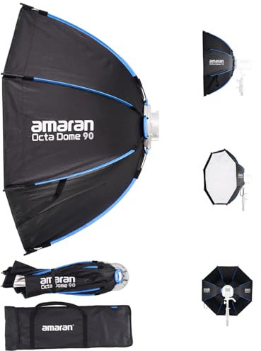 Amaran Octa Dome 90, Softbox ottagonale pieghevole Bowens per ritratti, interviste e fotografie in loco, con diffusione, griglia di controllo della luce e borsa per il trasporto