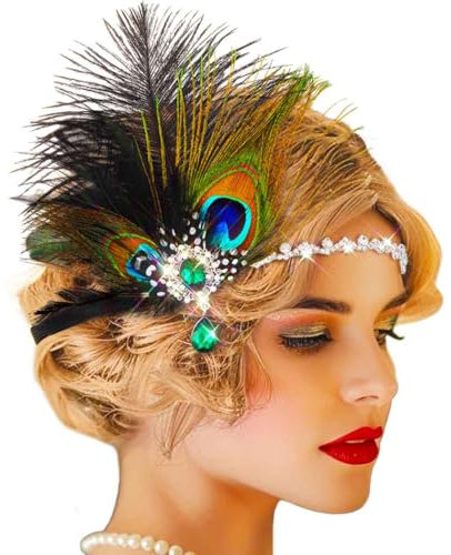 Evlry 1920er Jahre Flapper Feder Stirnband Pfauenfeder Haarband Great Gatsby Kopfschmuck Kostüm Accessoires für Damen