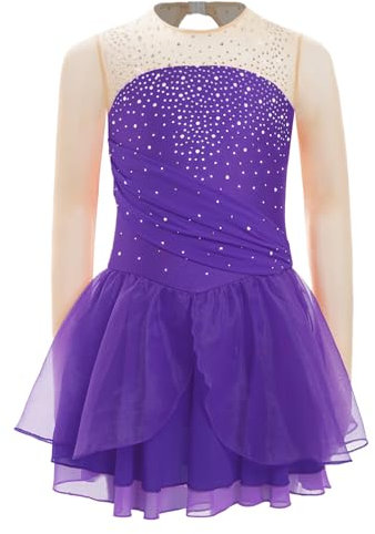 inhzoy Vestito da Pattinaggio Artistico Bambina Maniche Lunghe Abito da Balletto Danza Classica Ballerina con Strass Body Ginnastica Artistica Costume da Danza Performance Viola 7-8 Anni