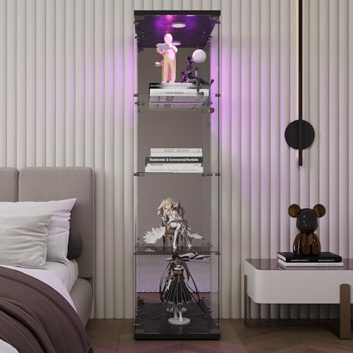 BPKADHY Vitrine sur pied en verre avec miroir, vitrine éclairage LED avec serrure et 1 porte, 4 compartiments Vitrine avec verre Vitrine de collection LED (1 porte, 4 miroirs LED, noir)