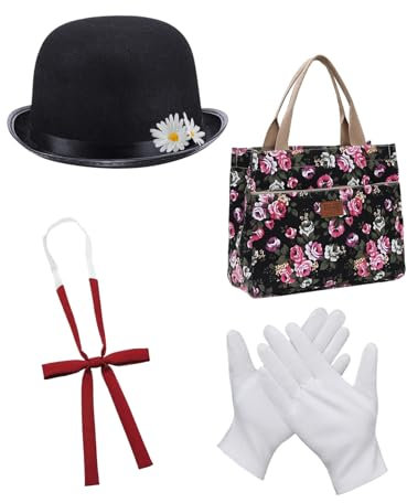 Magisches viktorianisches Kindermädchen-Kostüm-Set – schwarzer Bowlerhut mit Blumen, Fliege, weißen Handschuhen und Teppichtasche, Mary Nanny Weltbuchtag Kostüme für Mädchen, 4-teilig