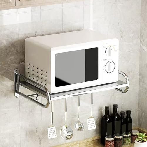 Ccarzzi Estantería para microondas de acero inoxidable para montaje en pared, soporte para microondas, estante de cocina con gancho móvil, para horno, microondas, condimento, utensilios de cocina