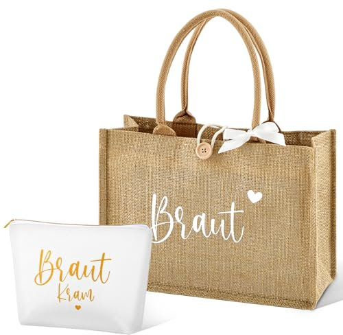 Xuniea 2 Stück Braut Geschenke Set Jute Braut Tragetasche 35 x 25 x 13 cm Bride To Be Kosmetiktasche Bride JGA Jutebeutel für Hochzeit Brautparty Verlobung Junggesellenabschied