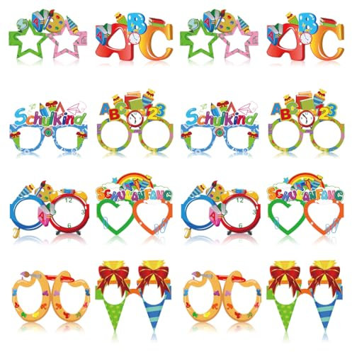 Capaneus 16 Stück Einschulung Deko,Schulanfang Schulkind Brille,deko Schulanfang für Mädchen und Junge,Schulanfang Partybrillen,Einschulungsdeko Papier Partybrille