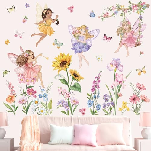 wondever Wandtattoo Fee Blumen Wandsticker Elfen Wildblume Schmetterlings | Abziehen und Aufkleben, Abziehbar, Wandaufkleber Selbstklebend für Kinderzimmer Mädchen Babyzimmer Mädchenzimmer Wanddeko