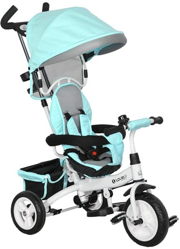 HOMCOM 6-in-1 Dreirad mit Schubstange, Kinderdreirad mit abnehmbarem Sonnendach, Laufrad mit 5-Punkt-Sicherheitsgurt, Korb, Getränkehalter, für 1-5 Jahre Kinder, Grün