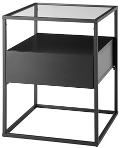 möbelando Beistelltisch >Evora< aus Holzwerkstoff & Metall, schwarz matt mit Klarglas-Top, 43x54x43 cm, 1 Schublade, modernes Design, zerlegt geliefert, belastbar bis 10 kg