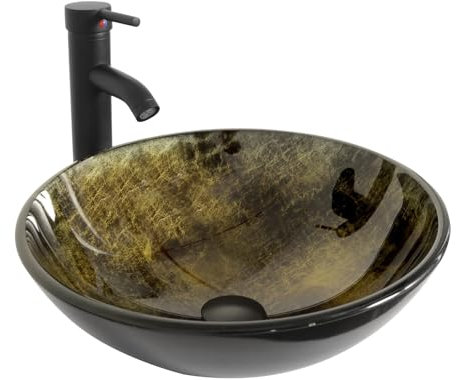 ARTETHYS Bathroom Sink, Countertop Wash Basin, Glass Vessel Washing Bowl Set with Tap, Cabinet Counter Top Sink for Vanity Cabinet Cloakroom Kitchen, Oval Black Gold