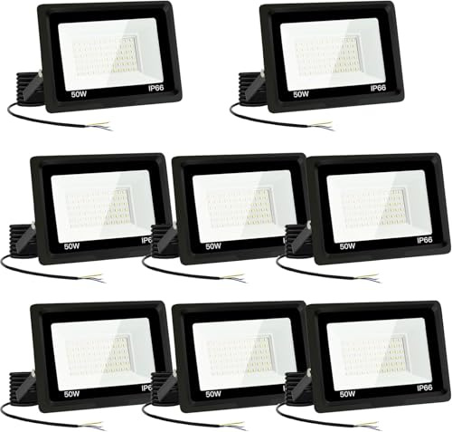 Faretti a LED per esterni 50 W, 5000 lm, IP66, impermeabile, proiettore a LED, 3500 K, bianco freddo, per casa, garage, patio, terrazza, campo (8 pezzi)
