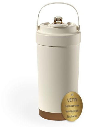 VETIN 500 ml Kaffeebecher to go Thermo aus 316 Edelstahl mit Strohhalm undauslaufsicherem Deckel, Kaffee Thermobecher geeignet für Reisen und Auto-Getränkehalter (Warmweiß)