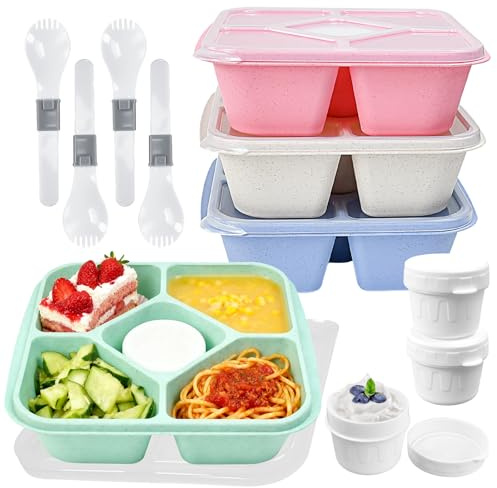 JNEYVIC 4 Pcs Fiambrera con 5 Compartimentos + 4 Cuchara Plegables Bento Lunch Box Caja Merienda Recipientes de Bocadillos para los Alimentos para Trabajo Viajes Camping para Adultos