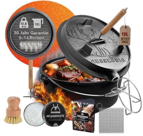GUSSKÖNIG Dutch Oven Set–Eingebrannter Dutch Oven 12L [9-14 Person]–Feuertopf Gusseisen ohne Füße–Schmortopf Doppelfunktion–2in1 Deckelheber,Untersetzer,Ringreiniger,Bürste,Rezeptbuch-30Jahre Garantie