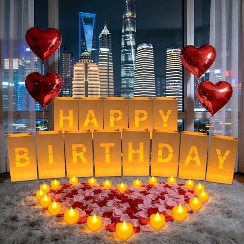 LACGO Birthday Decorations,Happy Birthday Sign,Light Up Letters with 13pcs Luminary Bags,24pcs Tea Lights,1000pcs Red&Pink Rose Petals,Happy Birthday Banner,Surprise Set for Women and Men