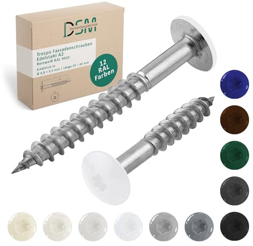 DSM – Trespo Fassadenschrauben 4,8 x 50 mm – 10 Stück Reinweiß | RAL 9010 – Edelstahl A2 Flachrundkopf mit Torx TX20 – selbstschneidend [TrueSpec Präzision] Holzbauschrauben für HPL Platten