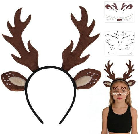 MOSTFUN Karneval Kostüm Damen Mädchen, Reh Geweih Ohren Haarreif | mit 2 Rentier Gesicht Tattoo Aufkleber, Damen Reh Kostüm für Fasching Karneval Mottoparty Halloween Weihnachten Cosplay