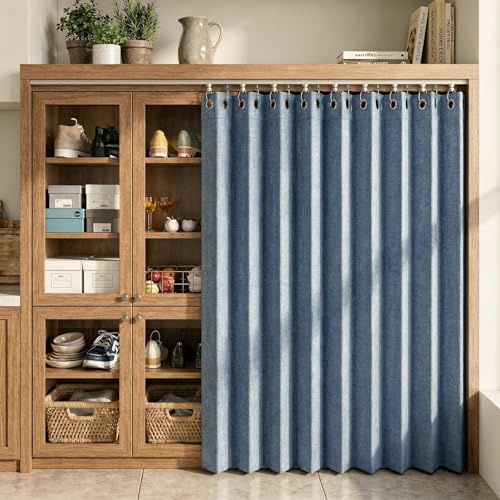 ZSWXF Schiebevorhänge Mit Schiene Schrankvorhang Zum Schieben Küche Regal Vorhang Schatten Vorhan Wasserdicht Schrankvorhänge Küche Für Regale,Blau,W50cm/H150cm