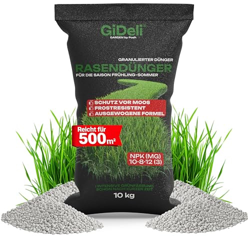 GiDeli Rasendünger Sommer 10 kg für 500 m² - Langzeit Granulat NPK Dünger | dichter grüner Rasen die ganze Saison, kräftige Wurzeln, weniger Moos durch dichten Wuchs, gleichmäßige Körnung