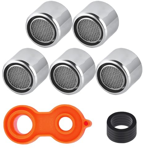 5 Stück Wasserhahn Strahlregler Ersatzteile, VEINARDYL Küchenarmatur Belüfter 22 mm Innengewinde mit Schlüssel und Dichtung, Wasserhahn Filter Einsatz mit Messinggehäuse für Badezimmer