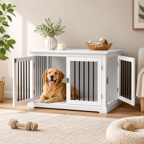 HOLTICO Hundebox für Zuhause, Hundekäfige Möbel mit Kissen, Hundebox Beistelltisch Groß, Hundehaus, Weiß（M）
