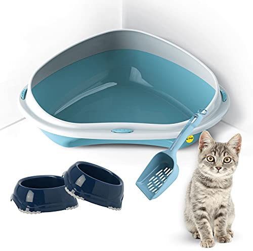 CAT CENTRE Blue Jumbo Corner Cat Litter Tray Bundle + 2 Blue Smarty Bowls 0.3L + Blue Scoop - Cat Hygeine Toilet, High Rim