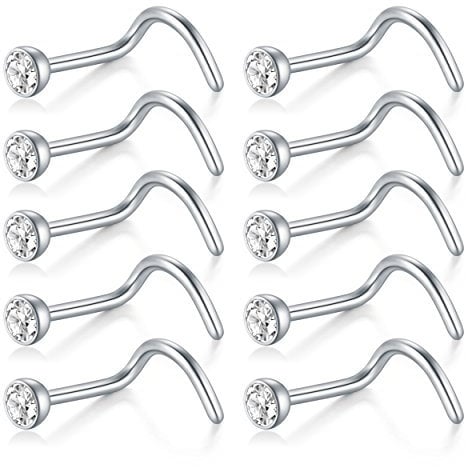 Briana Williams 18G 20G 22G 316L Surgical Steel Jeweled Clear Diamond CZ Nose Stud Rings Screw Piercing Jewelry 10-12PCS