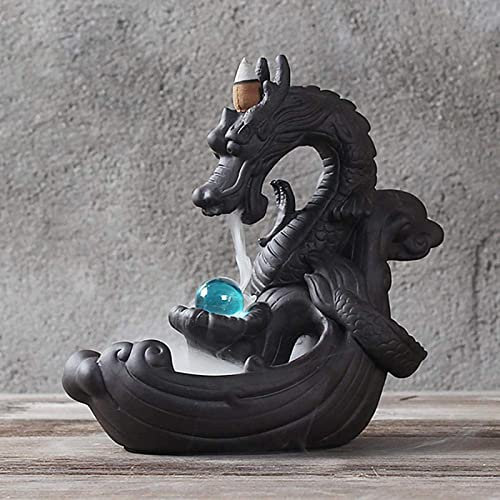 XUDREZ Rückfluss Räuchergefäß Drache, Handgemachte Keramik Drachen Räucherstäbchen Halter mit Glasperle und 20pcs Backflow Räucherkegel Home Decor