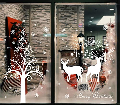 Heekpek Large White Christmas Tree Reindeer Door Cover Window Stickers Removable Murals Snowflakes Window Stickers Clings Home Store Shop Window Door Decorations Display