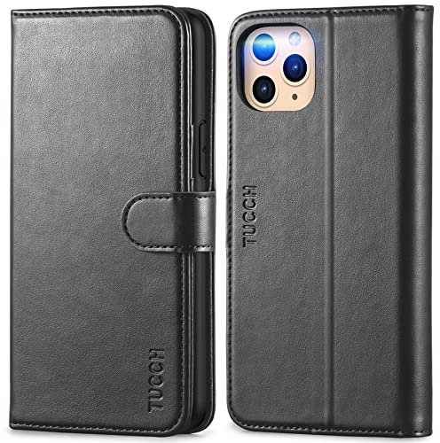 TUCCH Hülle für iPhone 11 Pro, Handyhülle mit 3 Kartenfächer, Schlaf/Wachfunktion, Magnetische Schutzhülle mit Weichem TPU, Klapphülle Ständer Kompatibel für iPhone 11 Pro 5,8, Schwarz
