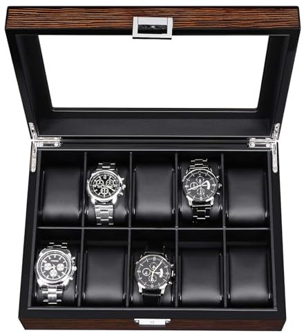 BEWISHOME Uhrenbox SSH10Y – Luxus-Uhrengehäuse aus Holz für Herren, mit Echtglas-Oberseite, Herren-Uhren-Organizer mit abnehmbaren Kissen, glattes Kunstleder-Innenfutter, Braun