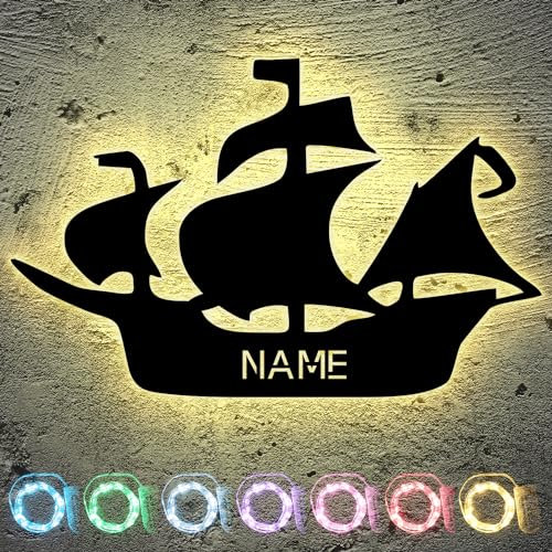 LEON FOLIEN Schiff Segelschiff LED Schlummerlicht personalisiert mit Wunschname Deko Lasergravur für Schlafzimmer Kinderzimmer Geschenk