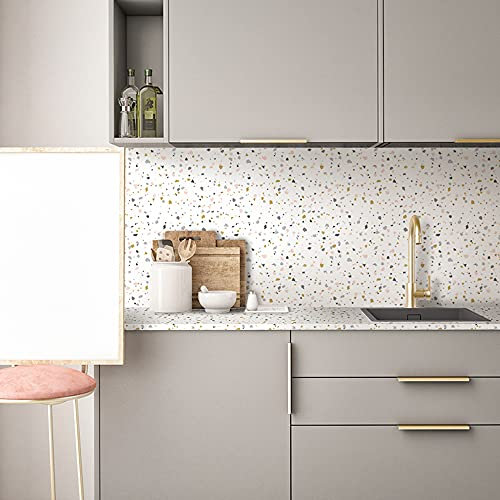 Autocollant auto-adhésif pour meubles/tables/panneaux effet terrazzo, papier peint en vinyle à peler et coller pour salon/autocollant mural au sol, couleur terrazzo blanc