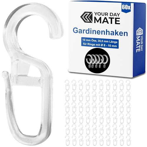 Vorhanghaken für Gardinen Ringe, 60 Stück, mit Ø 10 mm Öse, für Gardinenringe bis 10 mm Dicke, in Transparent, Gardinenringe Haken zum Einhängen, Faltenlegehaken für Vorhangringe, Vorhang Haken Clip