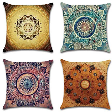 OCEUMACO Leinen Kissenbezug 50x50 Boho Indisch Blumen Kissenhülle 4er Set Sofakissen Dekokissen Bezug für Couch Sofa Mandala Hippie Kissen Kissenbezüge Outdoor Deko Zierkissen Couchkissen - Bunt
