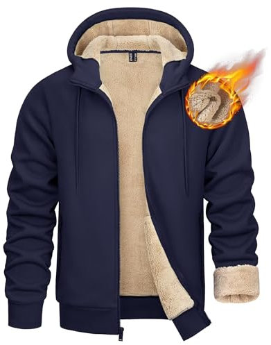 KEFITEVD Felpa con cappuccio da uomo foderata in pile Sherpa con cerniera antivento felpa invernale calda con tasche, blu navy, XXL