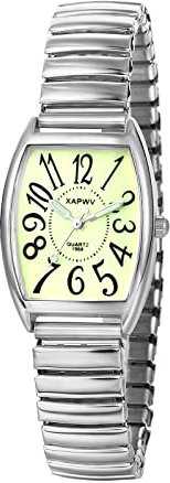 JewelryWe Uhren Damen Analog Quarz Armbanduhr Klassisch Rechteckig Elastisch Legierung Armband Beiläufige Uhr Damenuhr mit grünem großen Digital Zifferblatt Silber