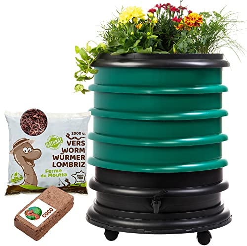 WORMbox | Wormery Worm Farm composter 4 Dark green Trays + Planter + 1kg of Compost Worms / 2000 ctn + 1 Coco | 64 liters | Organic Waste Compost, make your Worm Castings