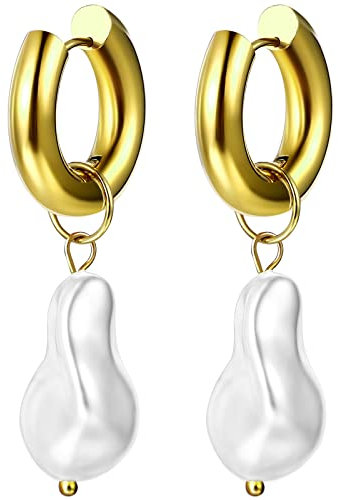 JewelryWe Schmuck Perlen Ohrringe Damen Elegant Barock Perlenohrringe Creolen Hängeohrringe Ohrhänger mit Weiß unregelmäßigen Perlen Geschenk für Frau Mädchen Gold