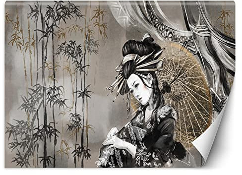 Feeby Fototapete Geisha Bambus Orient 350x245 cm Grau XXL Vlies Wandtapete Tapeten Wohnzimmer Schlafzimmer Jugendzimmer Moderne Design Wandbild Wand Dekoration Frau Abstrakt Aquarell