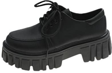 HEIYE Scarpe da donna in vernice Oxford con suola spessa primavera casual stringate scarpe basse da donna nere tacco grosso Blackmatte, 37